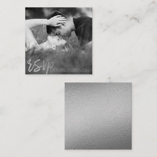 銀エレガント箔スクリプトフォトRSVP エンクロージャーカード (正面/裏面)
