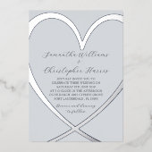 銀エレガント箔ハートダスティブルー結婚ズ 箔招待状 (正面)