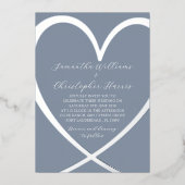 銀エレガント箔ハート&ダスティブルー結婚ズ 箔招待状 (正面)