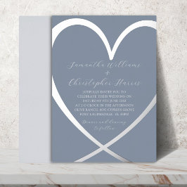 銀エレガント箔ハート&ダスティブルー結婚ズ 箔招待状