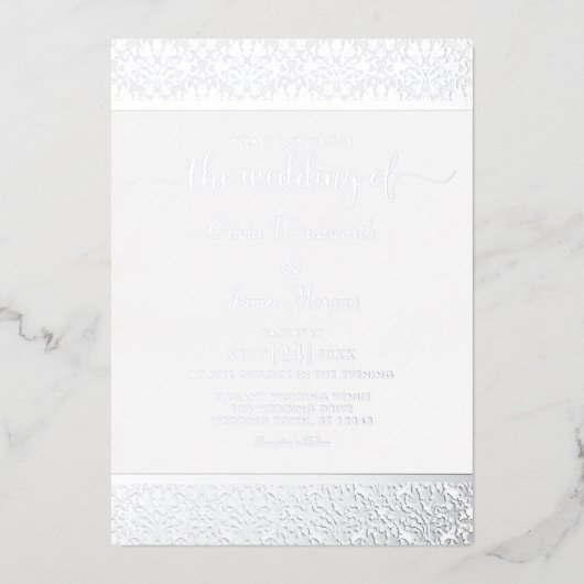 銀エレガント箔ホワイトダマスクウェディング 箔招待状 (正面)