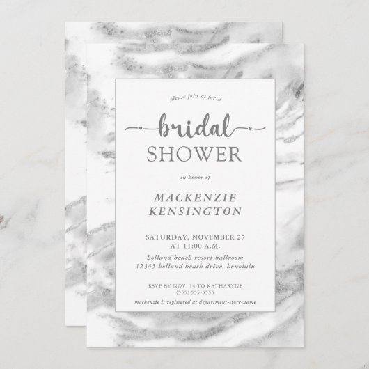 銀エレガント箔大理石ブライダルシャワー 招待状 (正面/裏面)