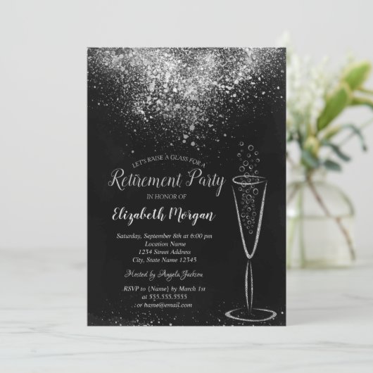 銀エレガント紙吹雪ガラスブラック退職金 招待状 (スタンド正面)