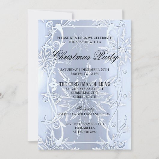 銀エレガント結晶スノーフレーククリスマスパーティー 招待状 (正面)