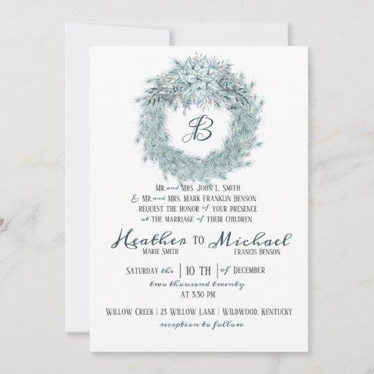 銀エレガント緑がかった青のクリ結婚スマス 招待状 (正面)