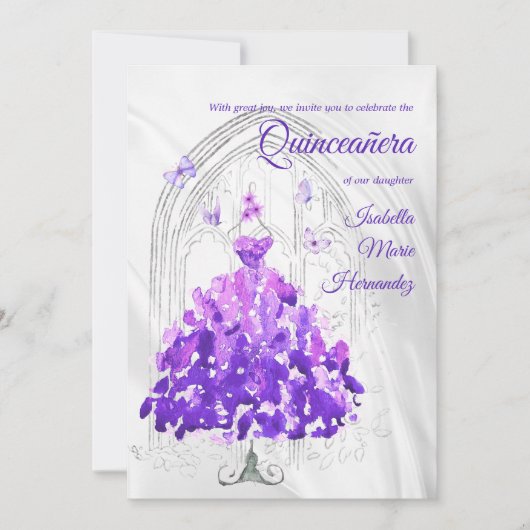 銀エレガント色と紫の蝶キンセアニラ 招待状 (正面)