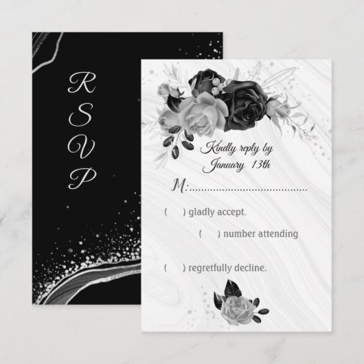 銀エレガント色の花 出欠カード (正面/裏面)