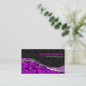 銀エレガント色アクセント付きブラック&ピンクダマスク 名刺 (スタンド正面)