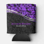 銀エレガント色アクセント付き黒と紫のダマスク 缶クーラー (裏面)