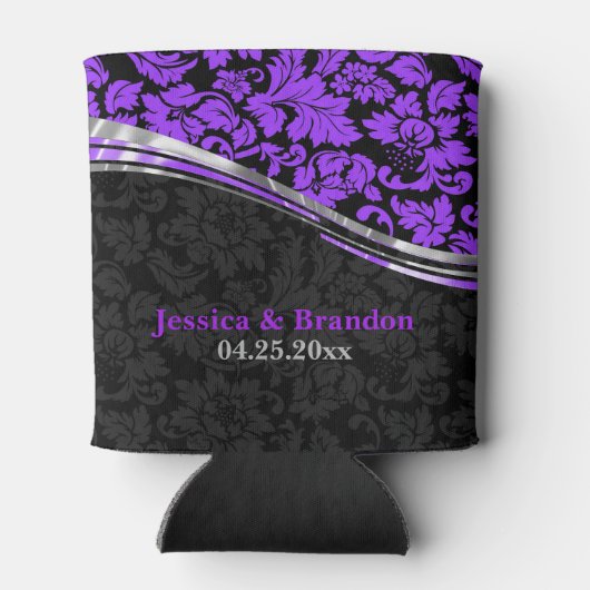 銀エレガント色アクセント付き黒と紫のダマスク 缶クーラー (裏面)