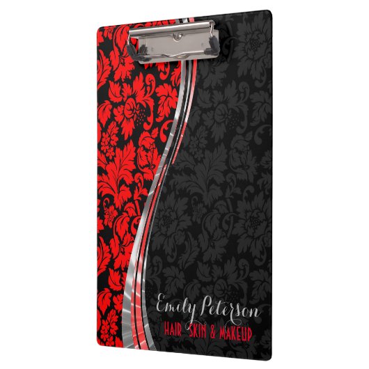 銀エレガント色アクセント付き黒と赤のダマスク クリップボード (左)