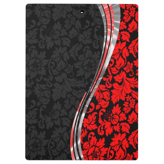 銀エレガント色アクセント付き黒と赤のダマスク クリップボード (裏面)