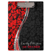 銀エレガント色アクセント付き黒と赤のダマスク クリップボード (正面)