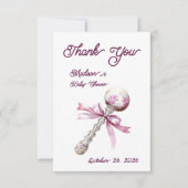 銀エレガント色ピンクのラトル弓ベビーシャワー サンキューカード (正面)