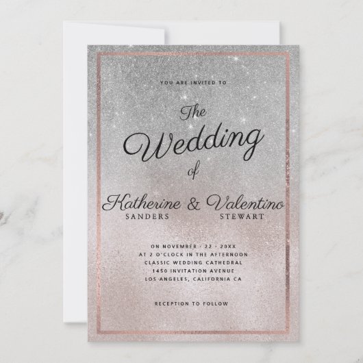 銀エレガント色ピンクグリッターグラデーショ結婚ン 招待状 (正面)