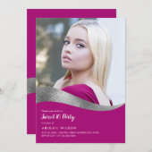銀エレガント色マゼンタsweet sixteen誕生日 招待状 (正面/裏面)