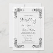 銀エレガント華美灰色と白のレース結婚の 招待状 (正面)