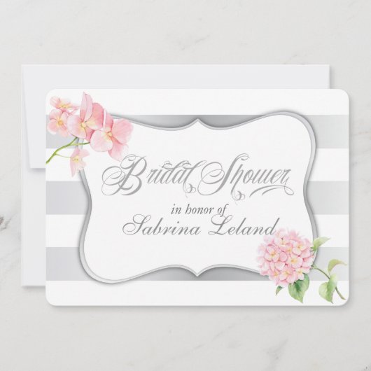 銀エレガント製ストライプフローラブライダルシャワー 招待状 (正面)