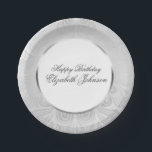 銀エレガント誕生日 ペーパープレート<br><div class="desc">この銀のハッピーバースデー感じ紙プレートで名誉のゲストを特別に作る。</div>