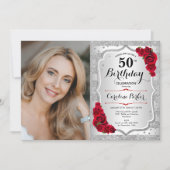 銀エレガント赤バラ写真第50誕生日 招待状 (正面)