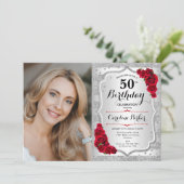 銀エレガント赤バラ写真第50誕生日 招待状 (スタンド正面)