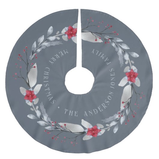 銀エレガント赤リースフェスティバル葉 ブラッシュドポリエステルツリースカート (正面)