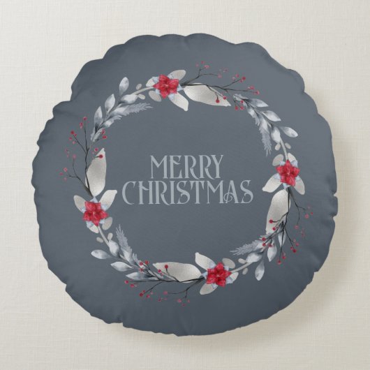 銀エレガント赤リースフェスティバル ラウンドクッション (正面)