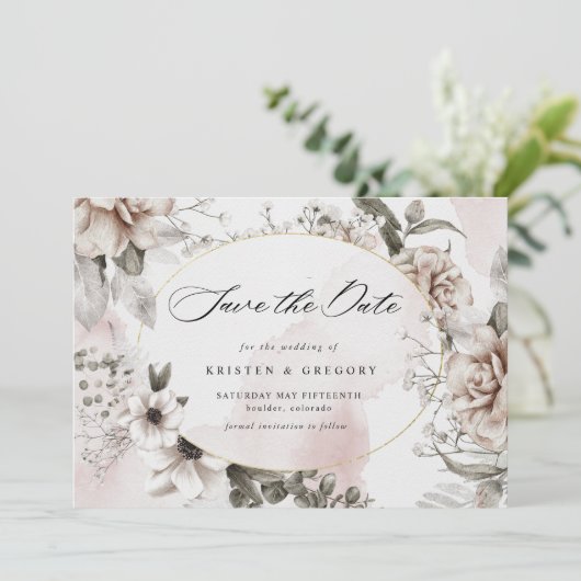 銀エレガント赤面フローラ写真の保存日付 招待状