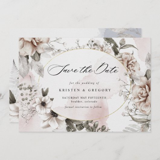 銀エレガント赤面フローラ写真の保存日付 招待状 (正面/裏面)