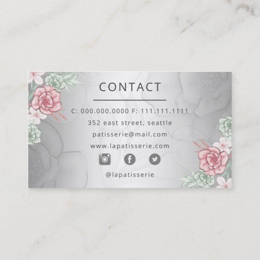 銀エレガント赤面フローラ結婚ズケーキメーカー 名刺 (裏面)