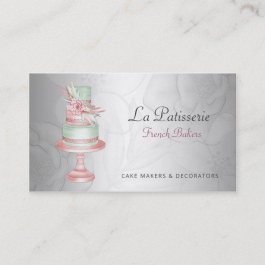 銀エレガント赤面フローラ結婚ズケーキメーカー 名刺 (正面)
