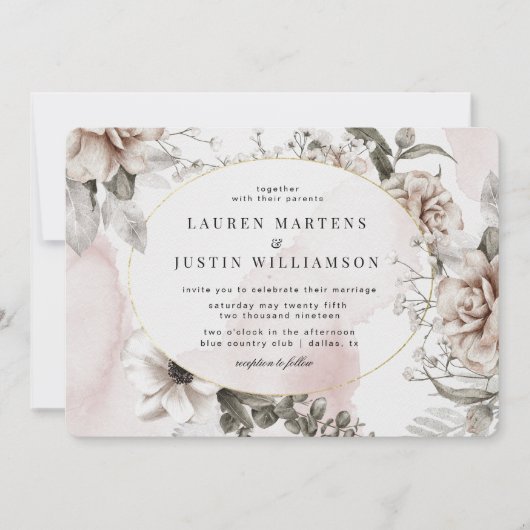 銀エレガント赤面フローラ結婚式招待状 招待状 (正面)