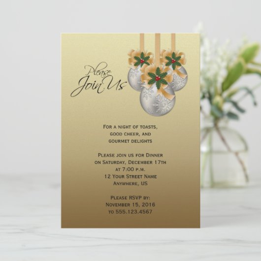 銀エレガント金ゴールドクリスマスオーナメントパーティー 招待状 (スタンド正面)