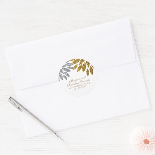 銀エレガント金ゴールドグリッターフローラホワイトクリスマス ラウンドシール (封筒)