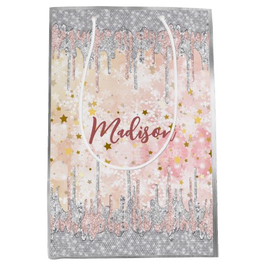 銀エレガント金ゴールドバラ滴下グリッター ミディアムペーパーバッグ (正面)