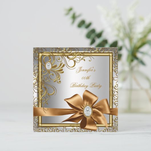 銀エレガント金ゴールド宝石像誕生日パーティー 招待状 (スタンド正面)