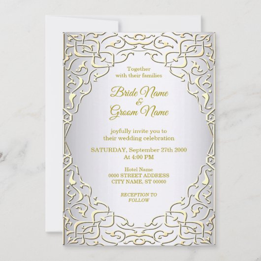 銀エレガント金ゴールド装飾結婚式招待状 招待状 (正面)