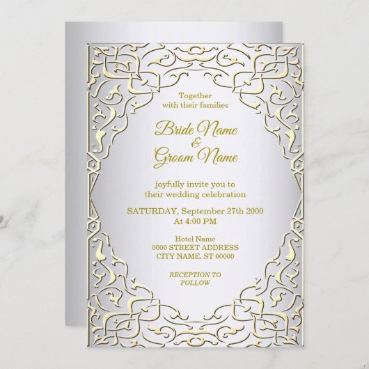 銀エレガント金ゴールド装飾結婚式招待状 招待状 (正面/裏面)