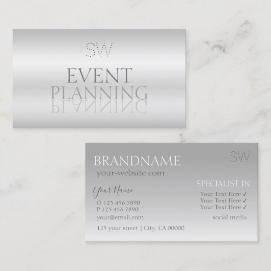 銀エレガント鏡フォントとモノグラムスタイリッシュ 名刺 (正面/裏面)