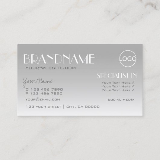 銀エレガント鏡文字ロゴ付きモダン 名刺 (裏面)