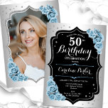銀エレガント青ブラック写真50誕生日 招待状<br><div class="desc">エレガントフローラ50歳の誕生日の招待状とカードの後ろの写真。グラムデザインフェイク銀。軽い埃っぽい青いバラ、スクリプトフォント、紙吹雪。大人スタイリッシュのお祝いパーティーに最適。独自の詳細でパーソナライズどんなカスタマイズ年でもいい！印刷されたZazzle招待状または即時ダウンロードのデジタル印刷可能なテンプレート。</div>