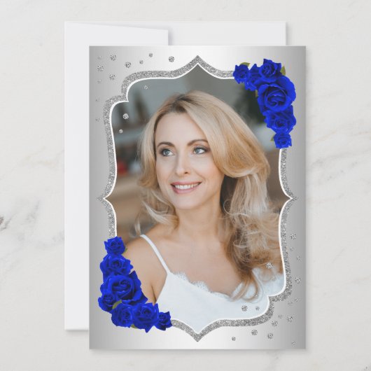 銀エレガント青王室の写真第50誕生日 招待状 (裏面)