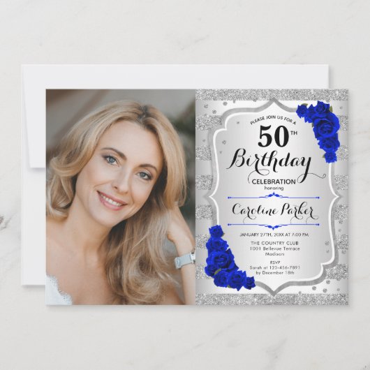 銀エレガント青王室の写真第50誕生日 招待状 (正面)