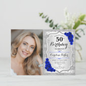 銀エレガント青王室の写真第50誕生日 招待状 (スタンド正面)