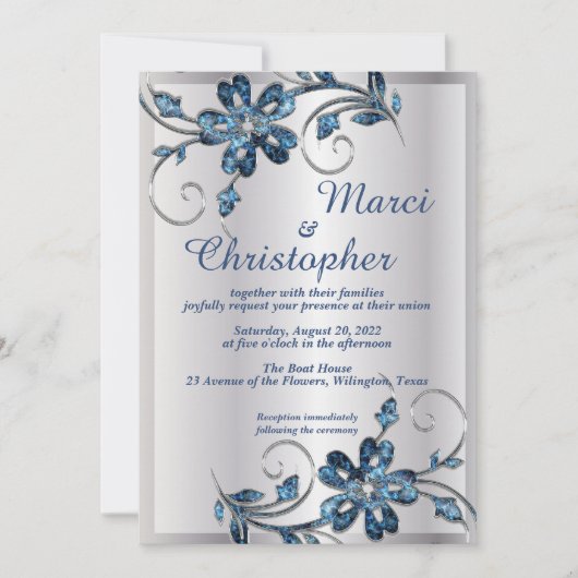 銀エレガント青結婚式招待状 招待状 (正面)