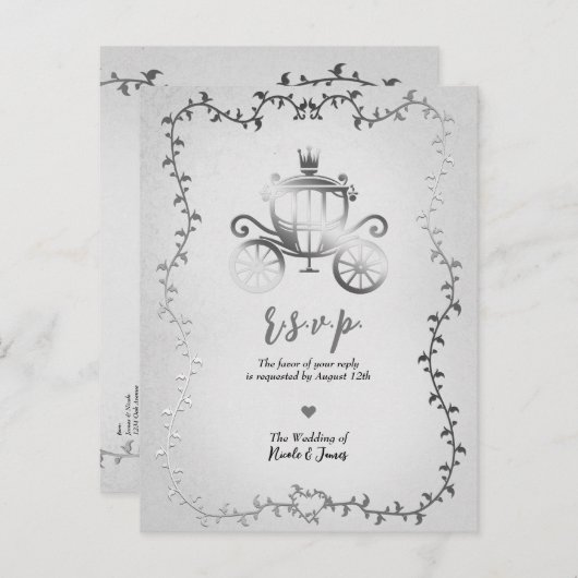 銀エレガント馬車ストーリーブックウェディングRSVP 案内ポストカード (正面/裏面)