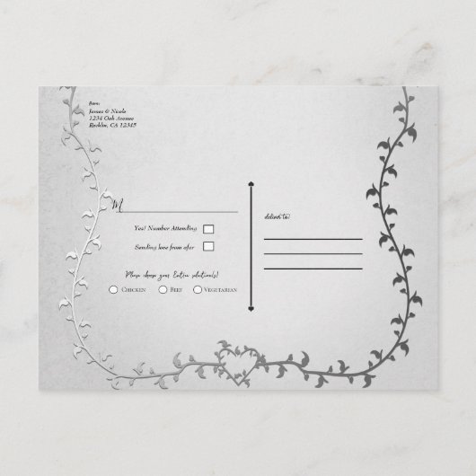 銀エレガント馬車ストーリーブックウェディングRSVP 案内ポストカード (裏面)