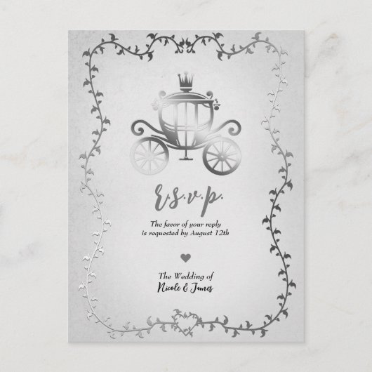 銀エレガント馬車ストーリーブックウェディングRSVP 案内ポストカード (正面)