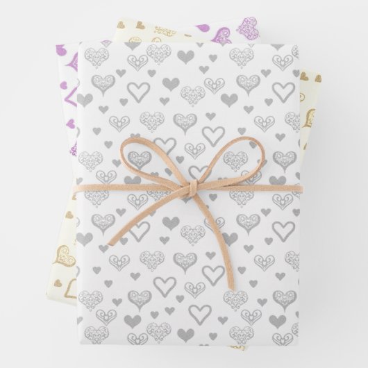 銀エレガント黄ヴィンテージハートパターン ラッピングペーパーシート (インサイチュ)