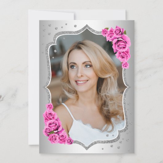 銀エレガント黒ピンク写真50誕生日 招待状 (裏面)